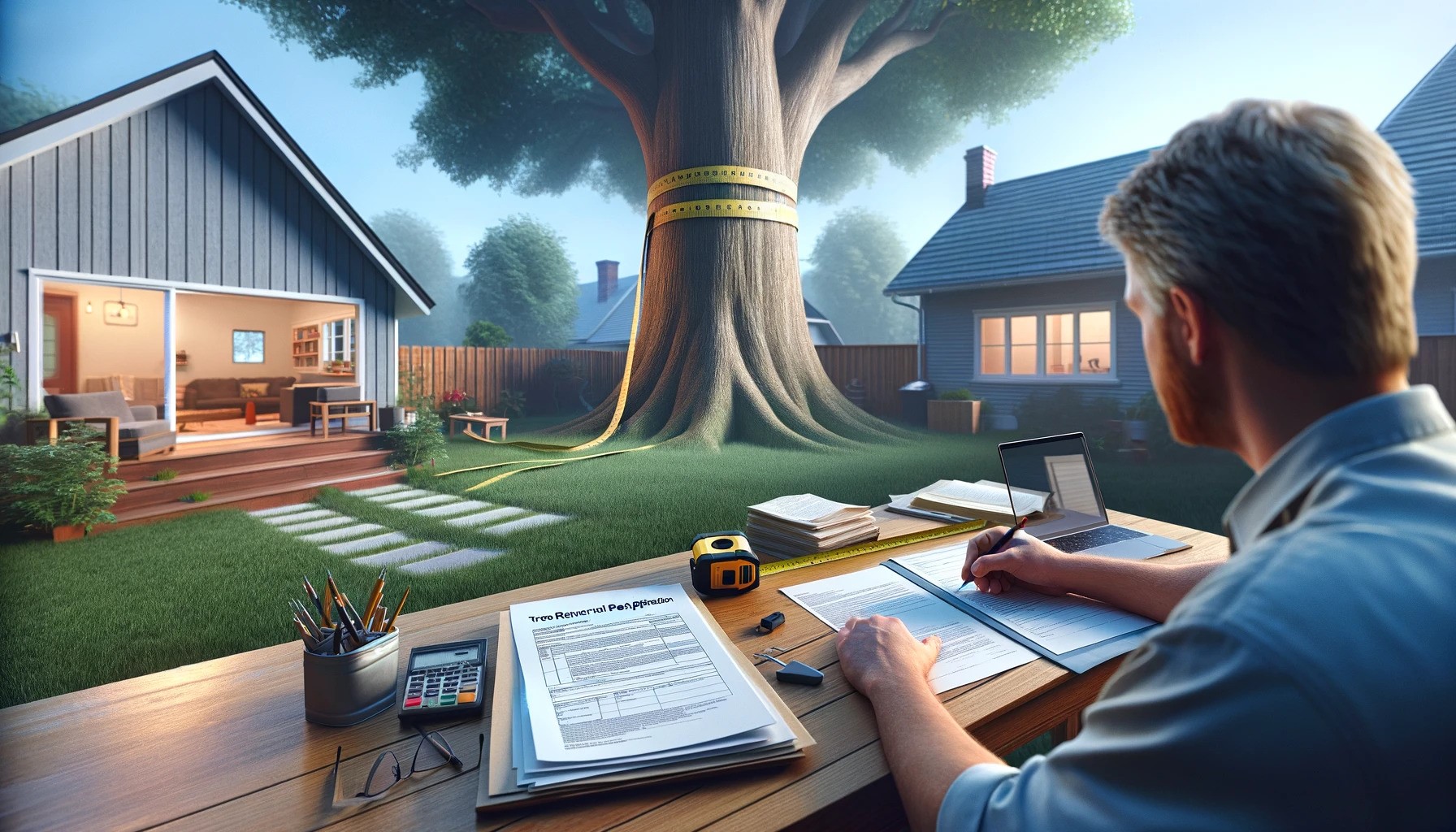 A homeowner sits at an outdoor desk completing a Permit Application, with a large tree in the background.