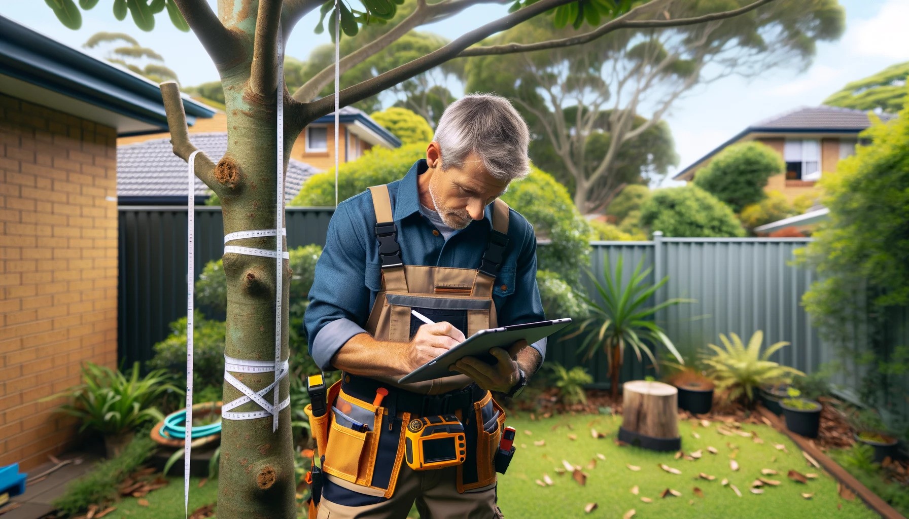 Professional arborist trimming an overhanging branch to maintain tree health and prevent obstructions in a sunny garden.