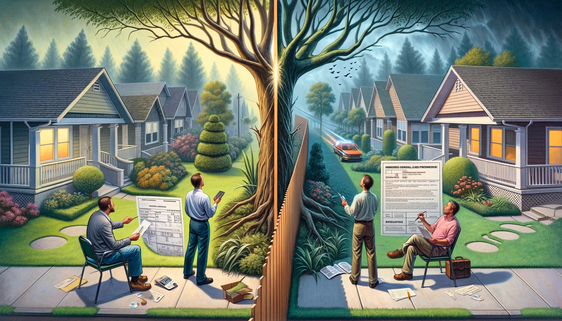 Suburban scene showing two tree maintenance scenarios: one homeowner ready to pay for pruning, and a neighbour sharing costs for a risky tree.