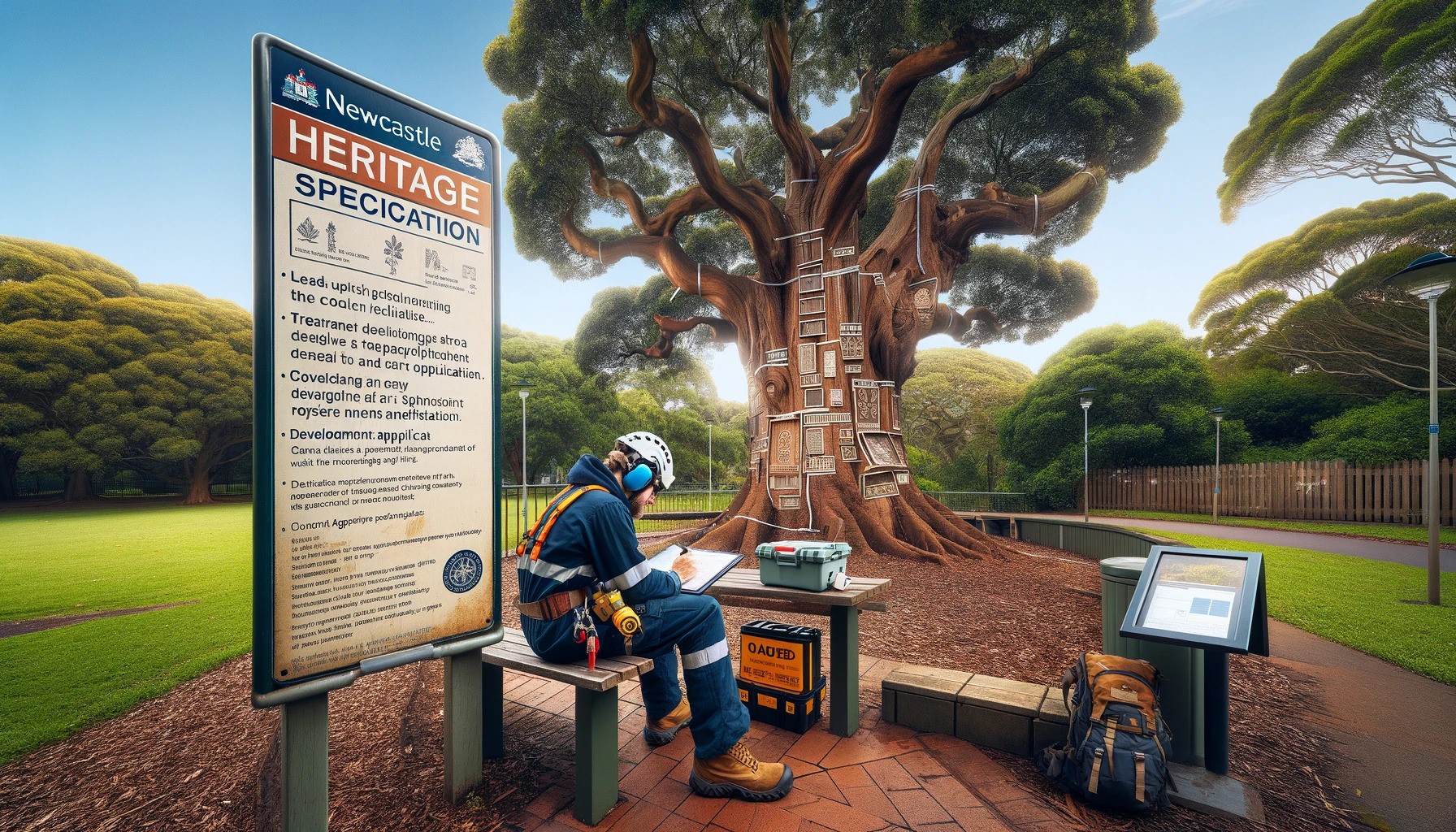 Worker with chainsaw admires massive tree with overhanging leaves, considering trees removed for garden sunlight.