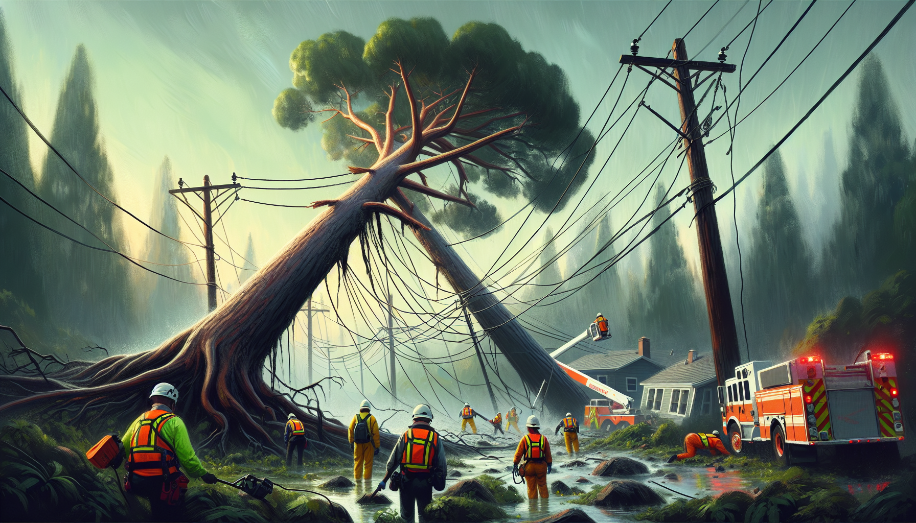 Emergency responders work tirelessly in a stormy aftermath, where a team is called to tackle a huge fallen tree that has disrupted power lines and road access, illustrating the force of nature.