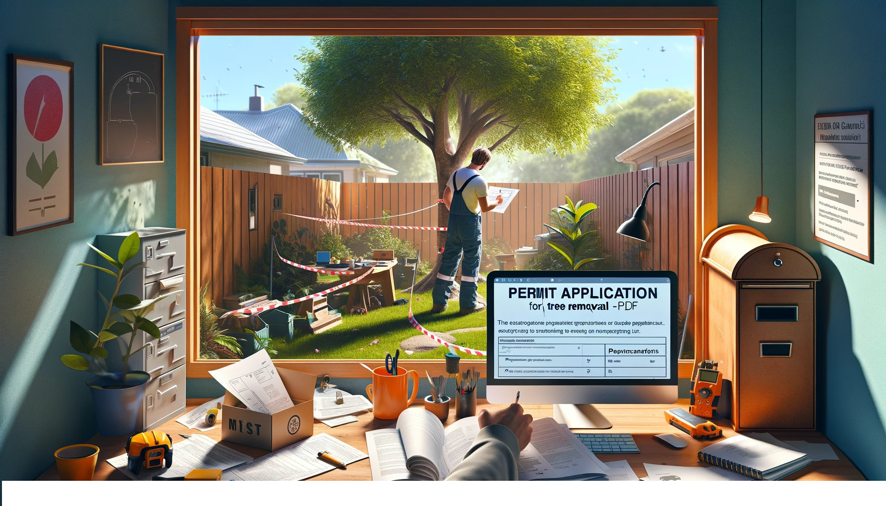 Homeowner fills out a tree removal permit, showcasing necessary paperwork and a view of the medium tree in question, highlighting the process.