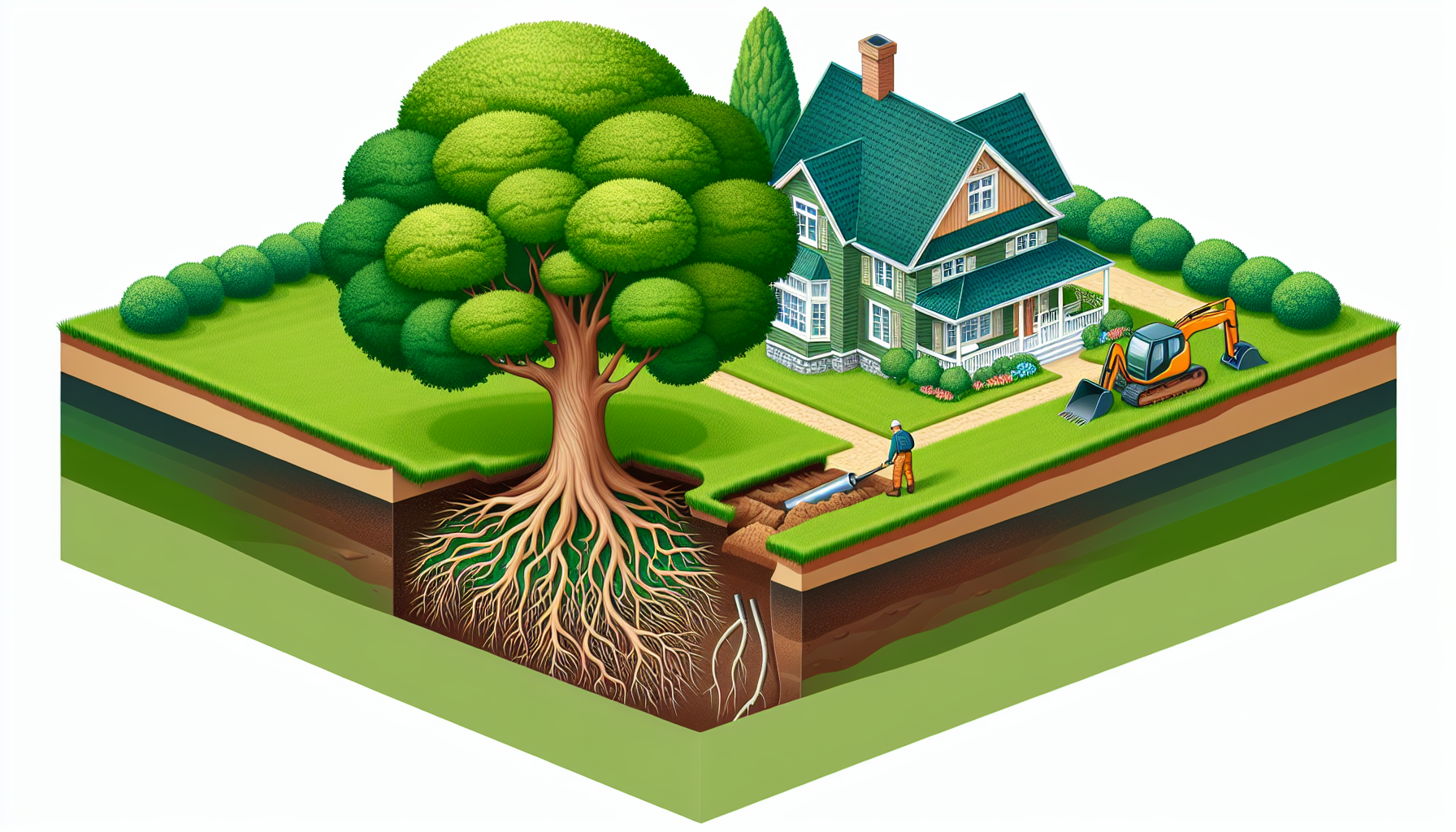 Illustration of tree with extensive roots near a house, highlighting importance of managing overhanging branches and offending roots.