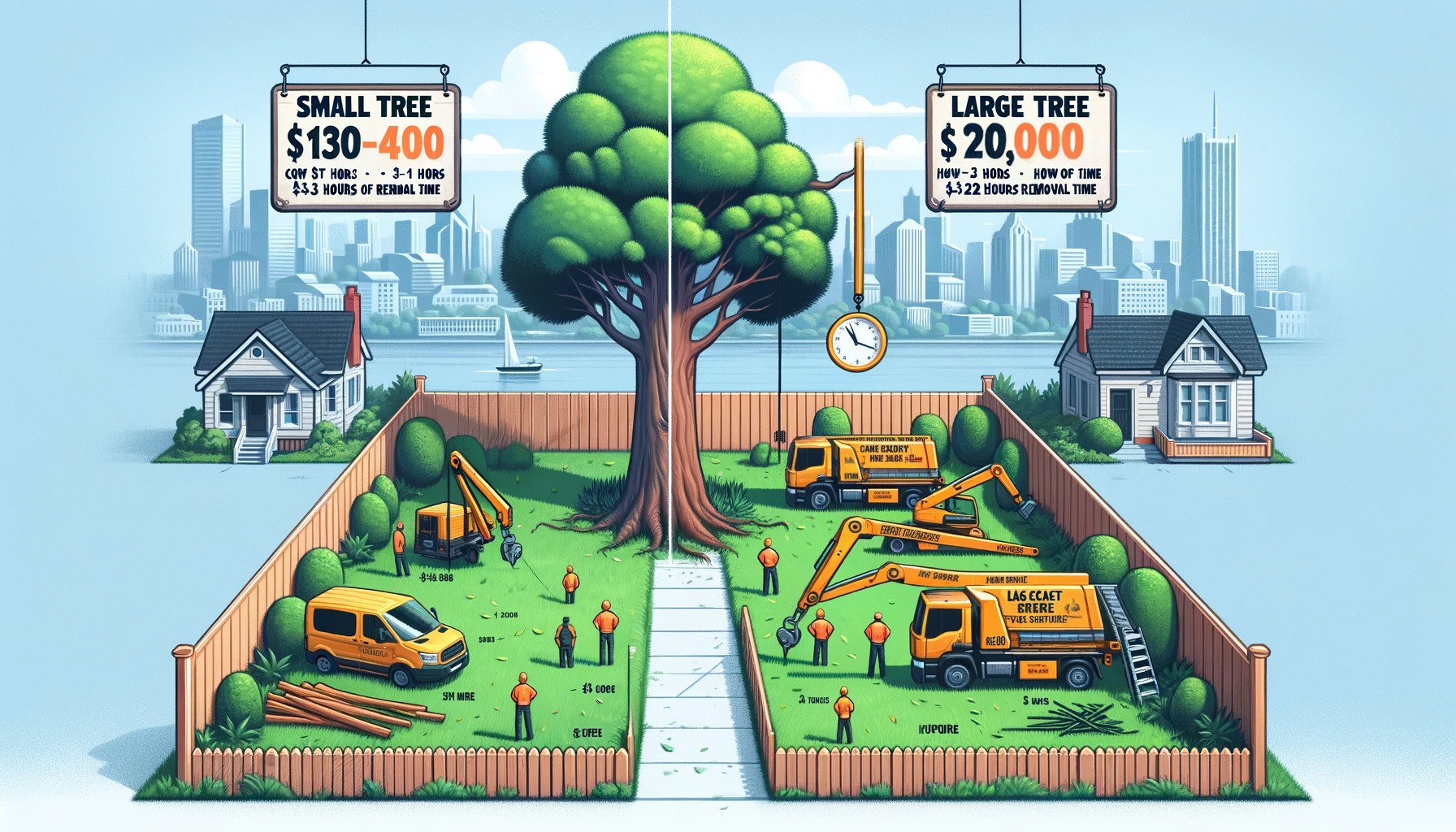 Newcastle yard illustration comparing small tree removal at $130-$400, and large tree removal at $1,200-$20,000, with respective equipment.