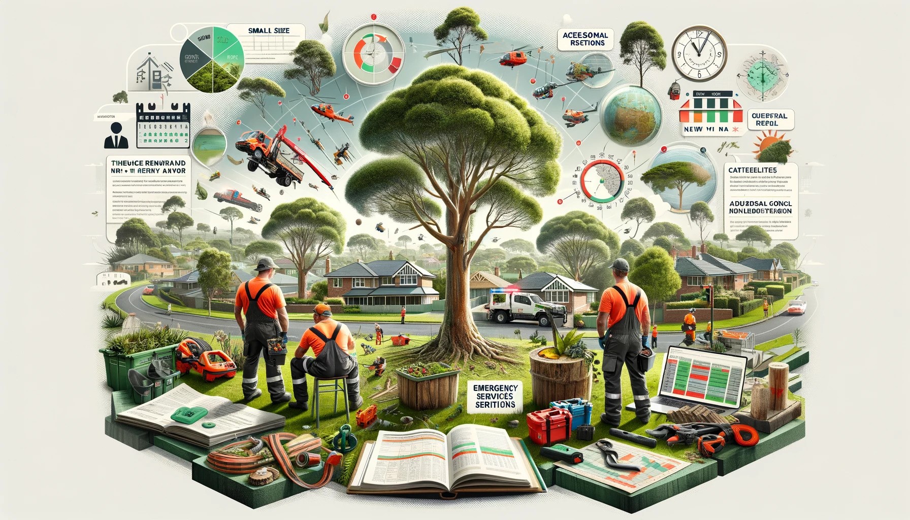 Composite scene in Newcastle illustrating factors affecting tree removal costs: size, location, seasons, regulations, and professional arborist team at work.