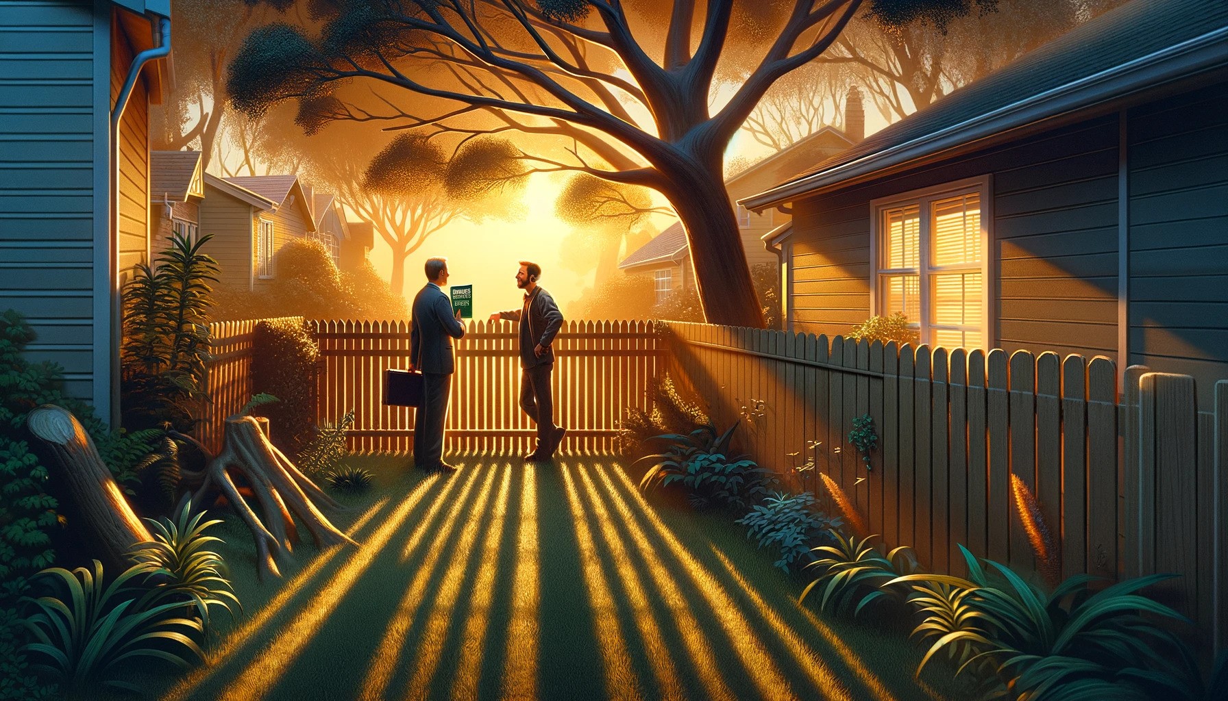 Two neighbours converse over a fence at sunset, one holding a guidebook, with overhanging tree branches above, symbolising dispute resolution.