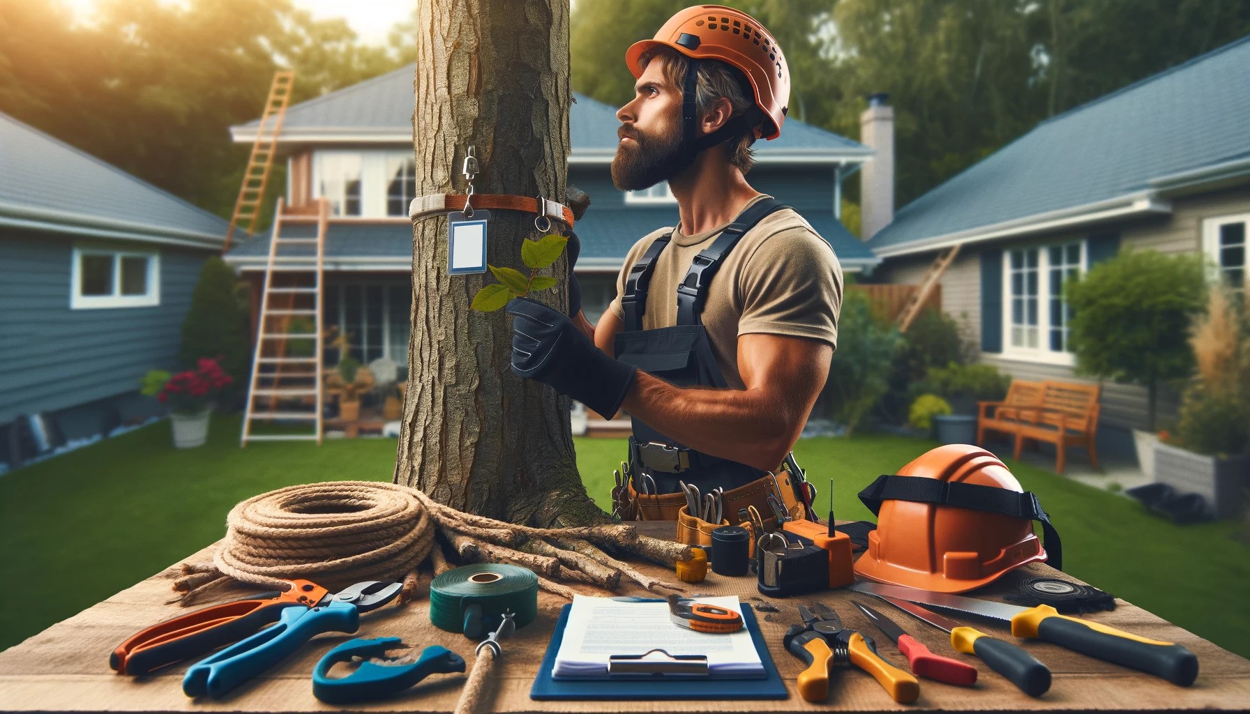 Qualified arborist with safety gear inspects a tree, tools arrayed, showcasing expertise in tree services.