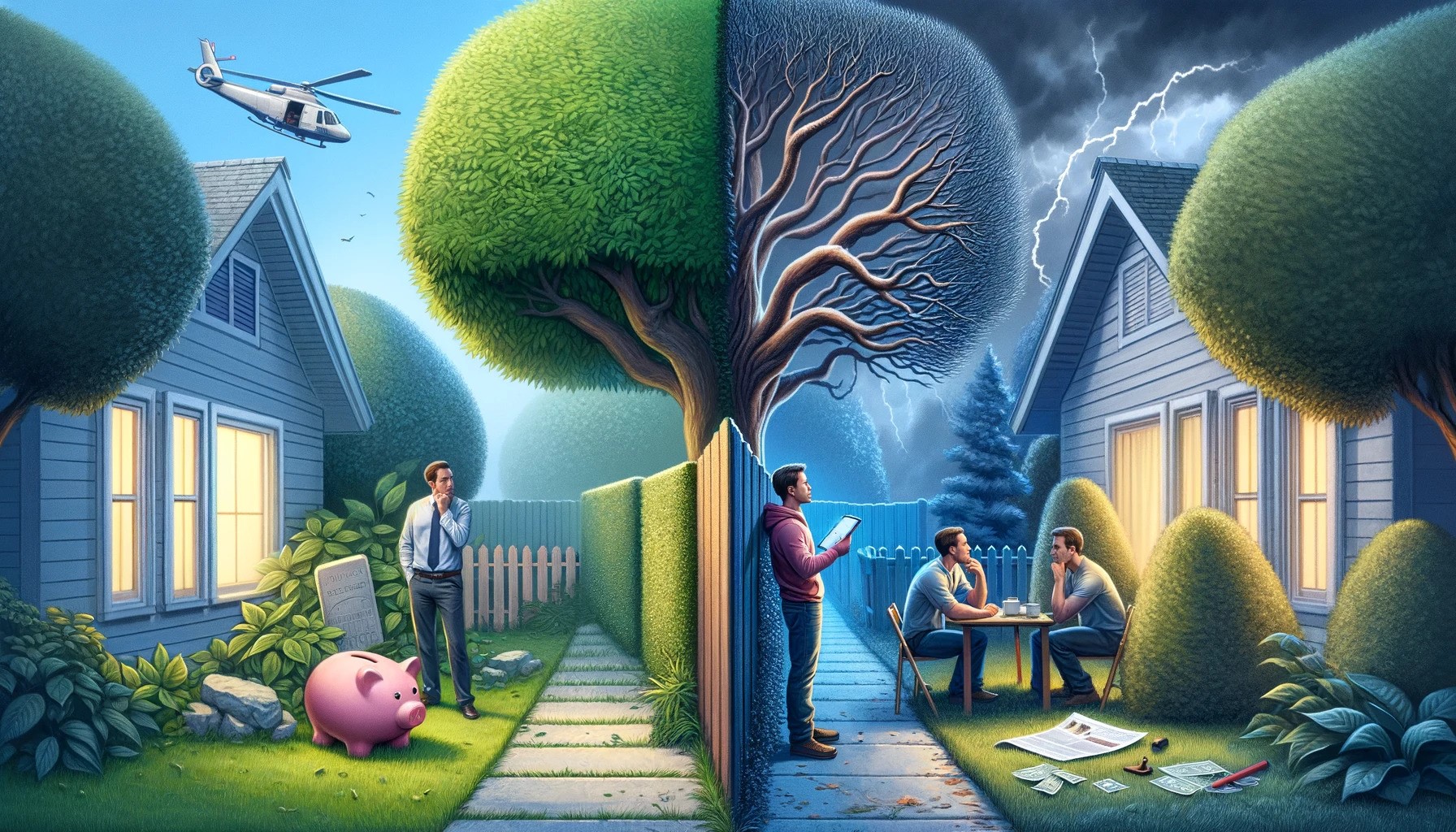 Artistic depiction of a divided neighbourhood with a split tree, illustrating neighbour disputes over a high hedge and property lines.